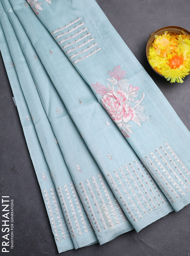 Semi raw silk saree pastel blue with embroidery buttas and embroidery butta border