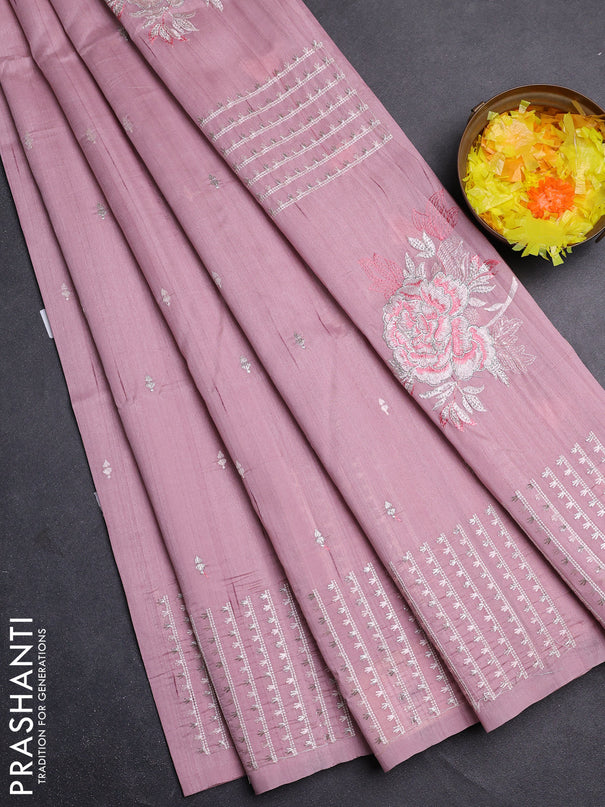 Semi raw silk saree pastel pink with embroidery buttas and embroidery butta border