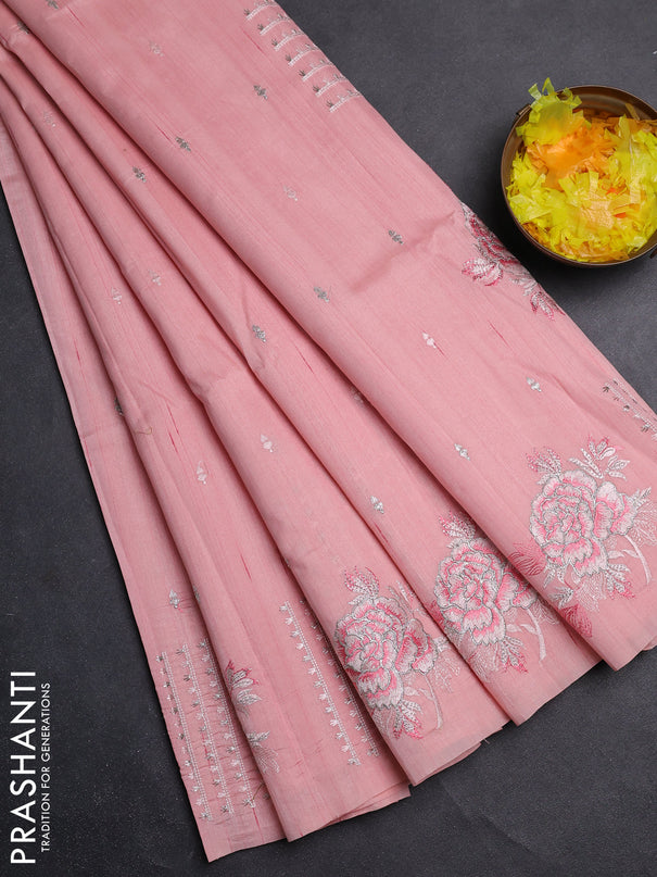 Semi raw silk saree mild peach with embroidery buttas and embroidery butta border