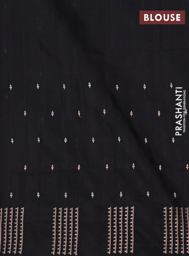 Semi raw silk saree black with embroidery buttas and embroidery butta border