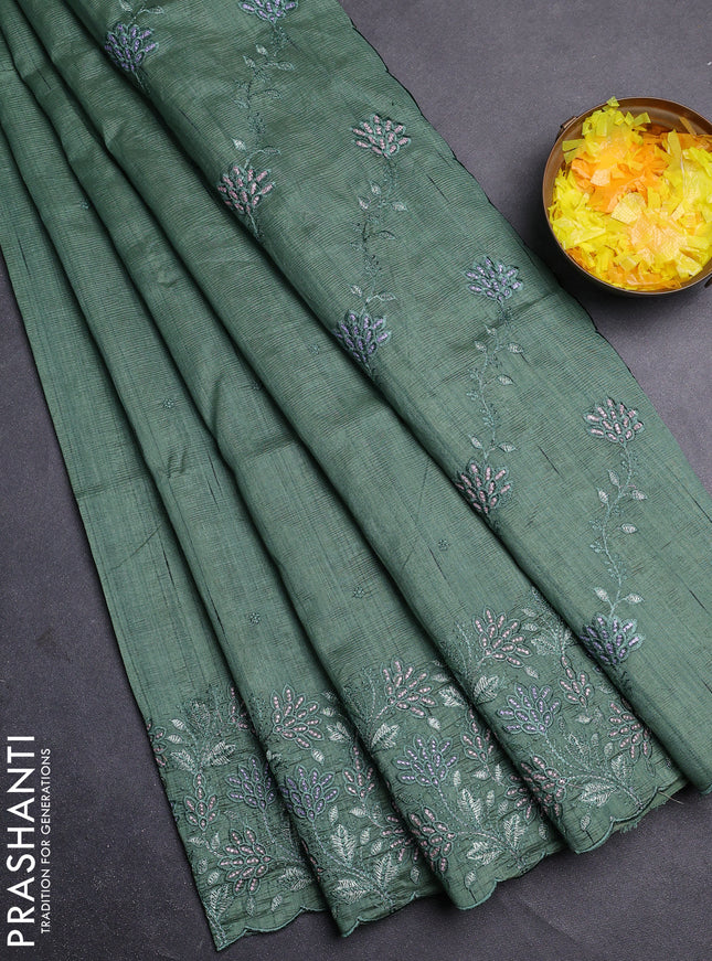 Semi raw silk saree green shade with embroidery buttas and embroidery border