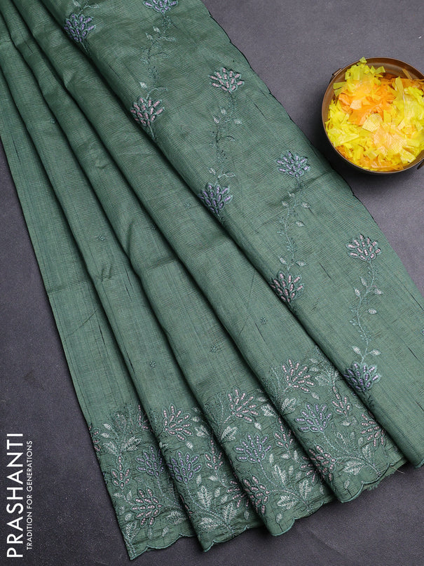 Semi raw silk saree green shade with embroidery buttas and embroidery border