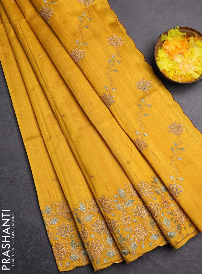 Semi raw silk saree mustard yellow with embroidery buttas and embroidery border