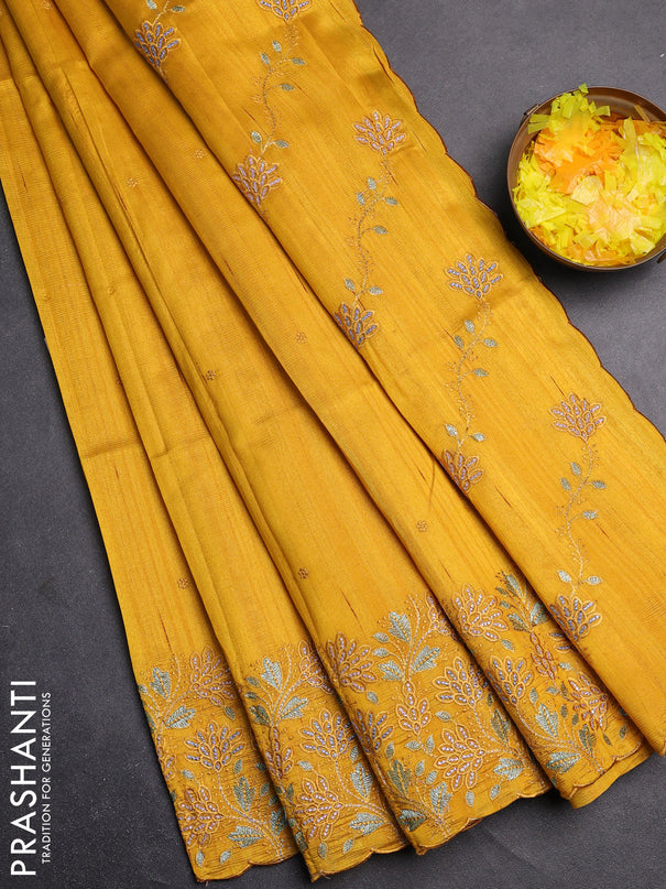 Semi raw silk saree mustard yellow with embroidery buttas and embroidery border
