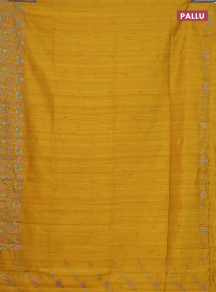 Semi raw silk saree mustard yellow with embroidery buttas and embroidery border