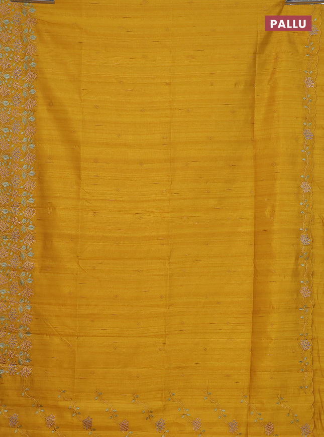 Semi raw silk saree mustard yellow with embroidery buttas and embroidery border