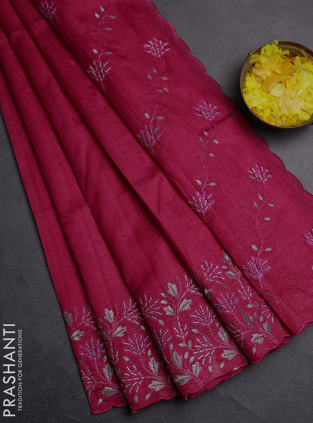 Semi raw silk saree dark pink with embroidery buttas and embroidery border
