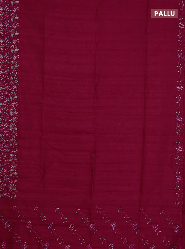 Semi raw silk saree dark pink with embroidery buttas and embroidery border