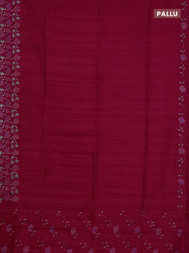 Semi raw silk saree dark pink with embroidery buttas and embroidery border