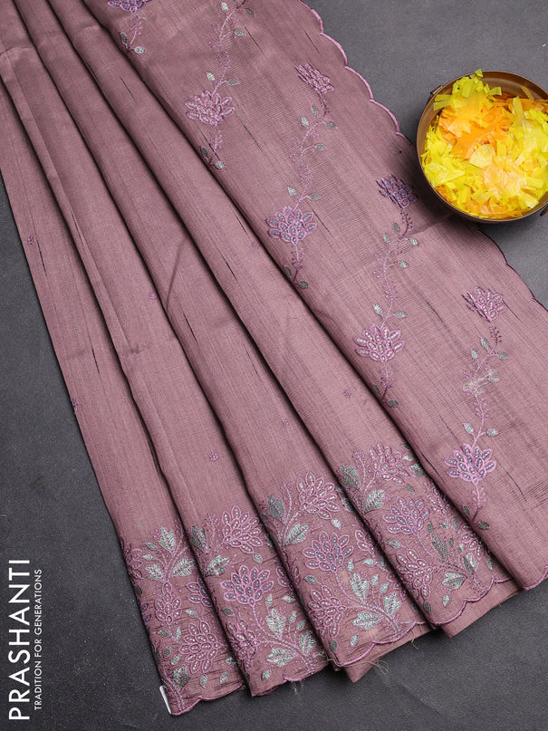 Semi raw silk saree pastel purple shade with embroidery buttas and embroidery border