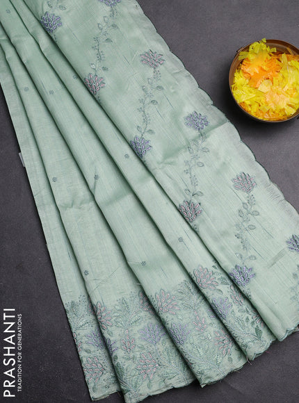 Semi raw silk saree pastel green with embroidery buttas and embroidery border