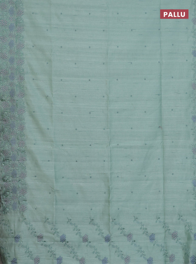 Semi raw silk saree pastel green with embroidery buttas and embroidery border