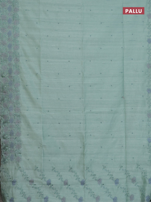 Semi raw silk saree pastel green with embroidery buttas and embroidery border