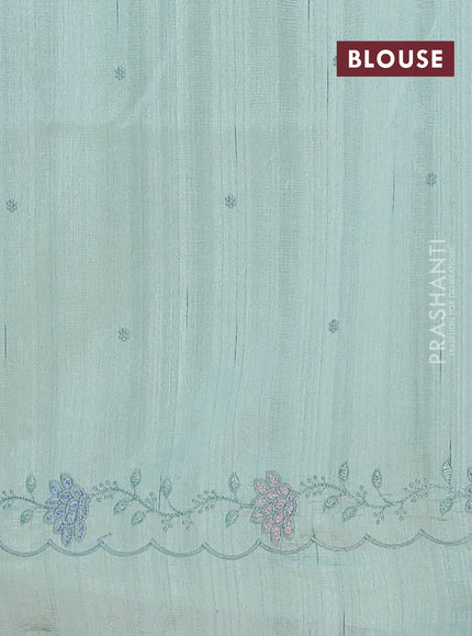 Semi raw silk saree pastel green with embroidery buttas and embroidery border