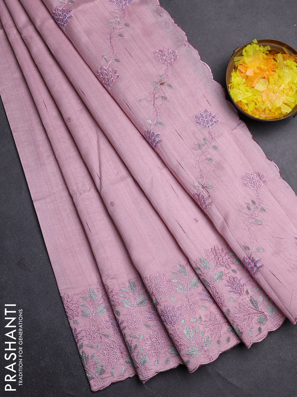 Semi raw silk saree pastel pink with embroidery buttas and embroidery border