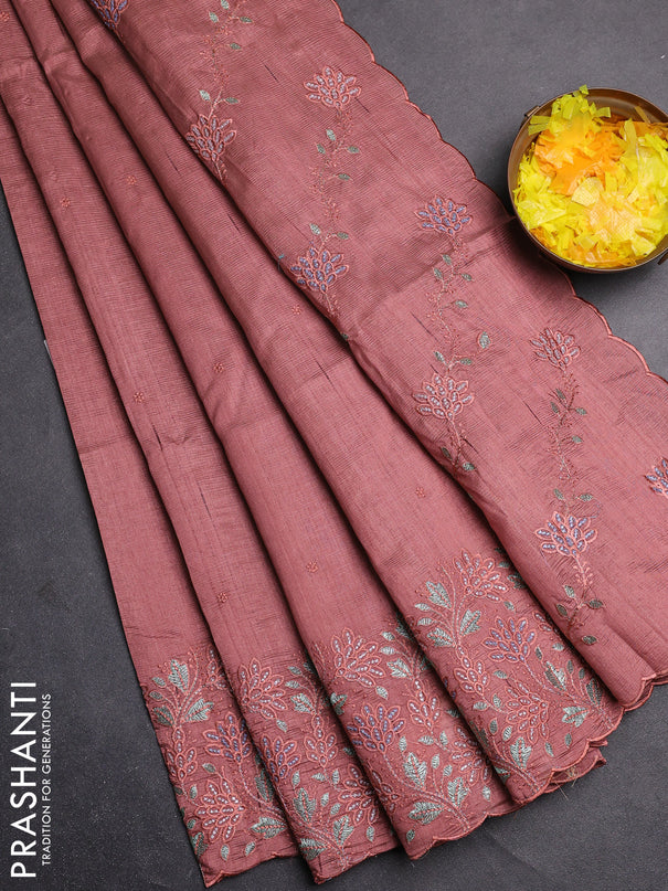 Semi raw silk saree rosy brown with embroidery buttas and embroidery border