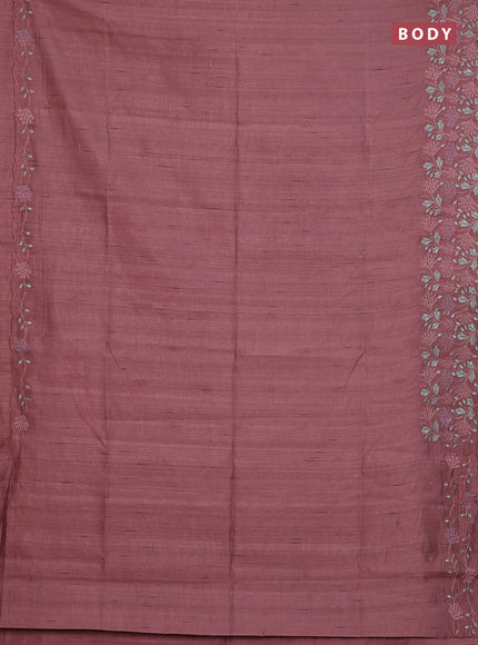 Semi raw silk saree rosy brown with embroidery buttas and embroidery border