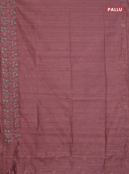 Semi raw silk saree rosy brown with embroidery buttas and embroidery border