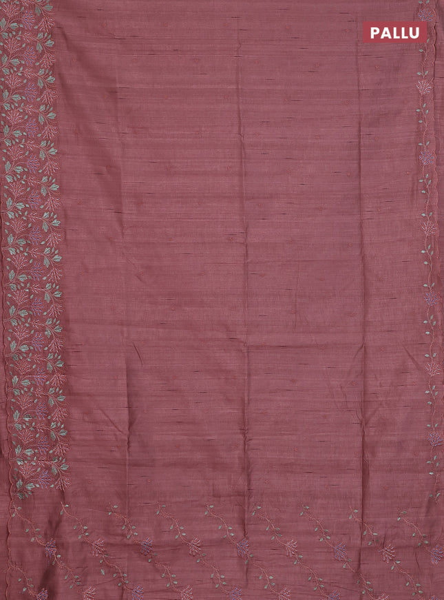 Semi raw silk saree rosy brown with embroidery buttas and embroidery border
