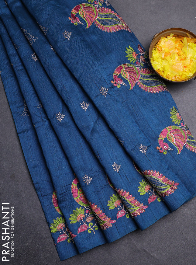 Semi raw silk saree peacock blue with embroidery work buttas and peacock embroidery border