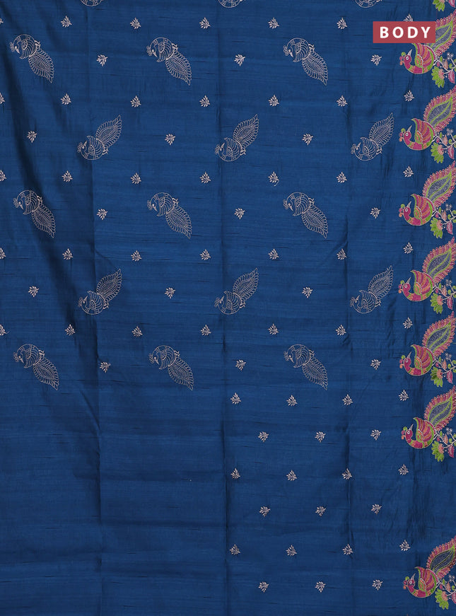 Semi raw silk saree peacock blue with embroidery work buttas and peacock embroidery border