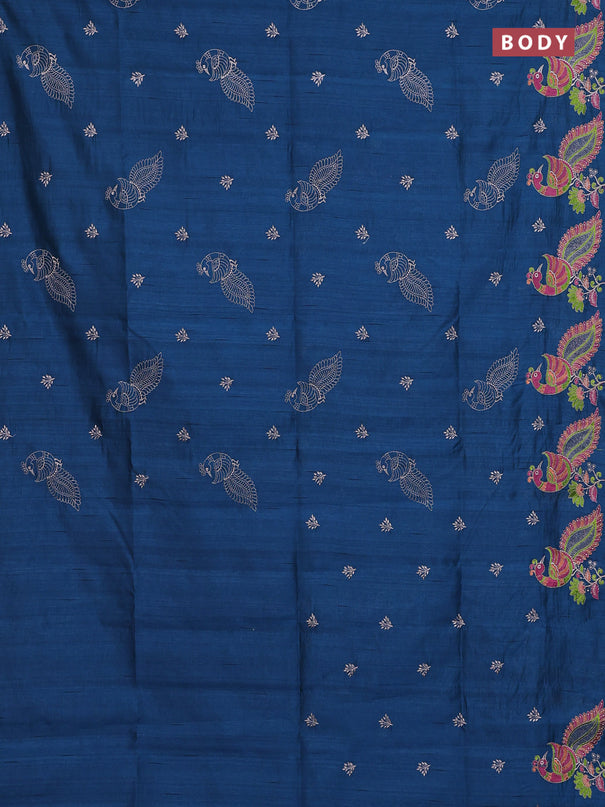 Semi raw silk saree peacock blue with embroidery work buttas and peacock embroidery border