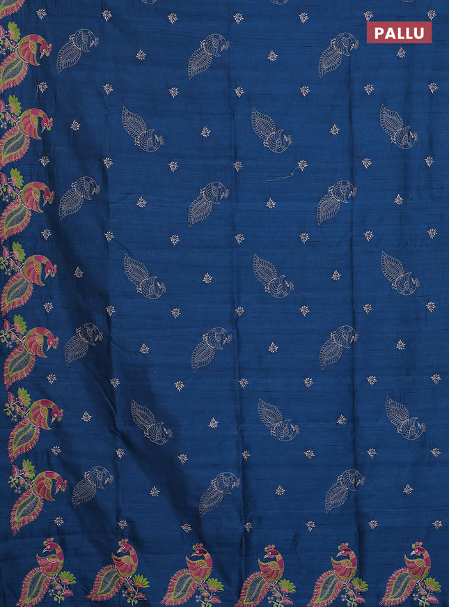 Semi raw silk saree peacock blue with embroidery work buttas and peacock embroidery border