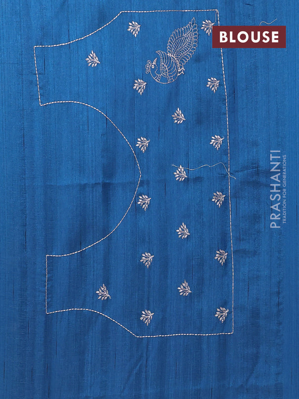 Semi raw silk saree peacock blue with embroidery work buttas and peacock embroidery border
