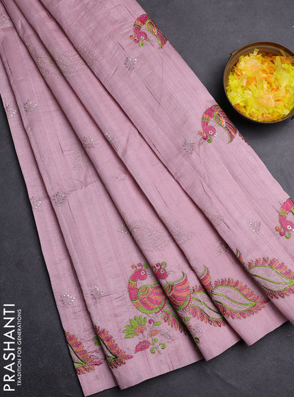 Semi raw silk saree pastel pink with embroidery work buttas and peacock embroidery border