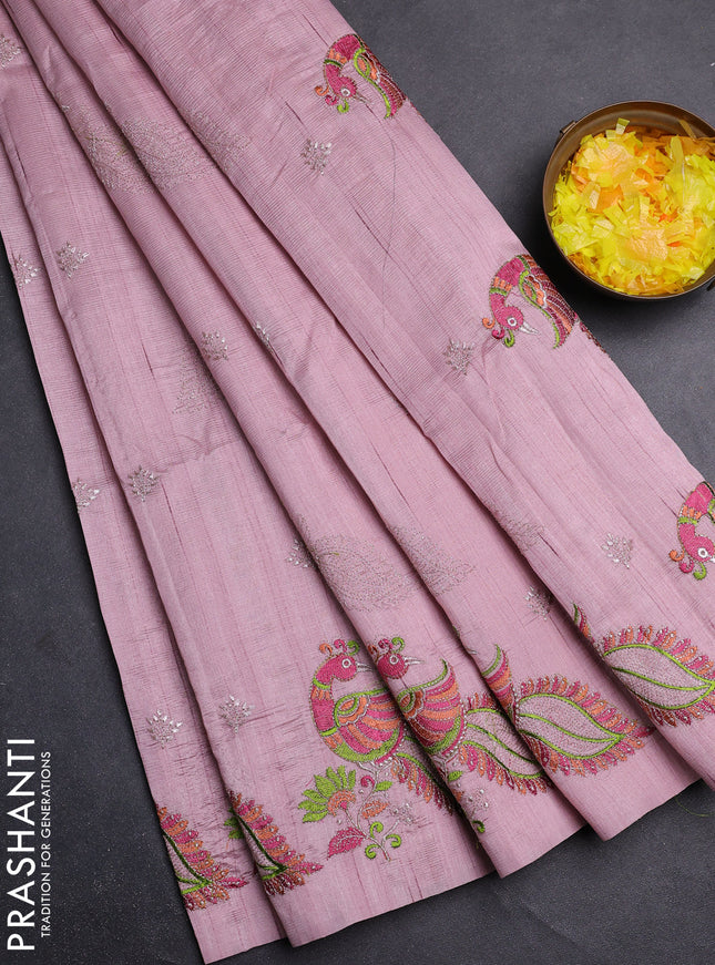 Semi raw silk saree pastel pink with embroidery work buttas and peacock embroidery border