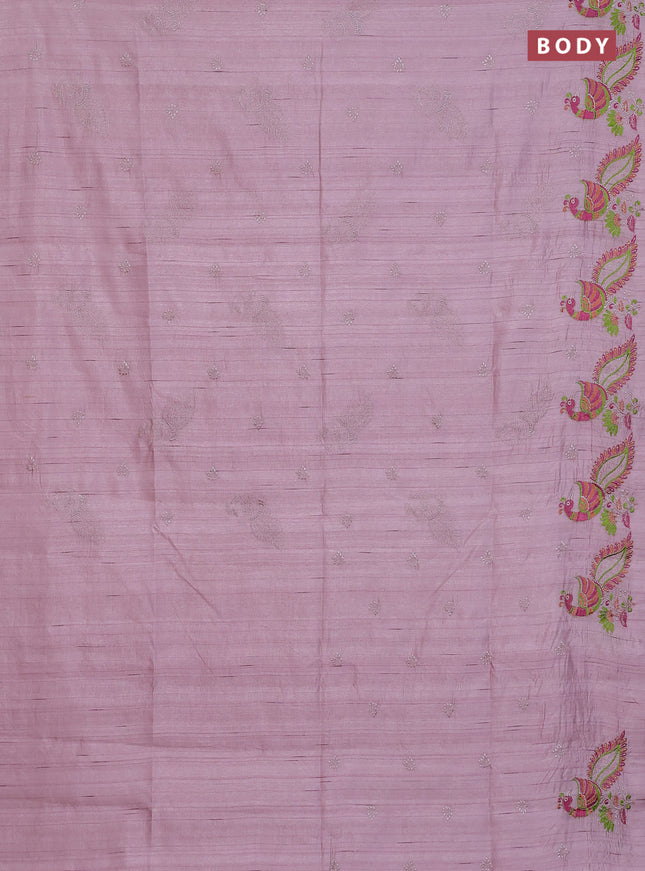 Semi raw silk saree pastel pink with embroidery work buttas and peacock embroidery border