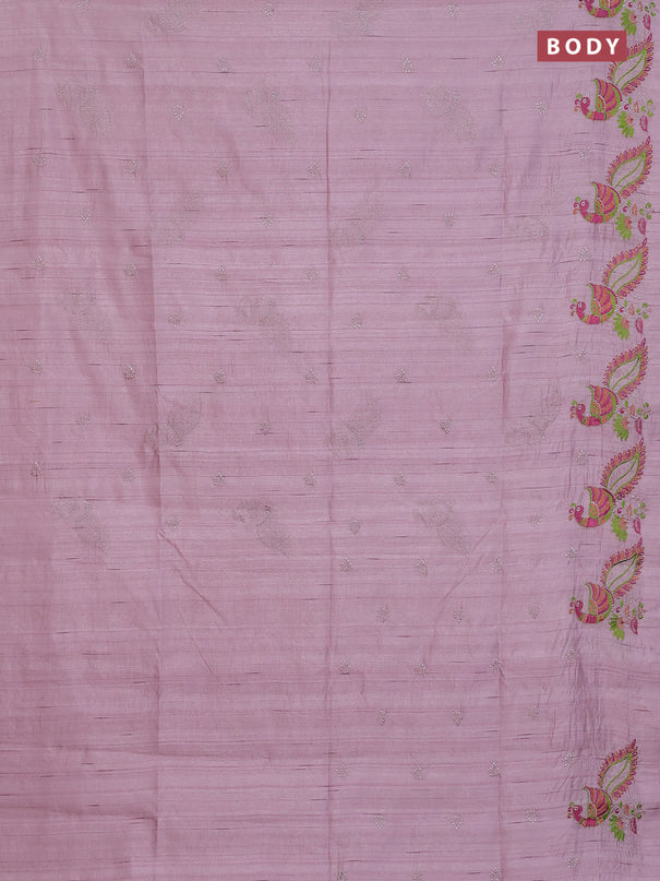 Semi raw silk saree pastel pink with embroidery work buttas and peacock embroidery border