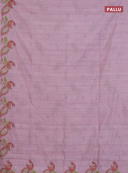 Semi raw silk saree pastel pink with embroidery work buttas and peacock embroidery border