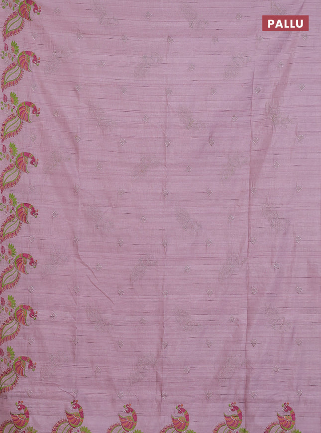 Semi raw silk saree pastel pink with embroidery work buttas and peacock embroidery border