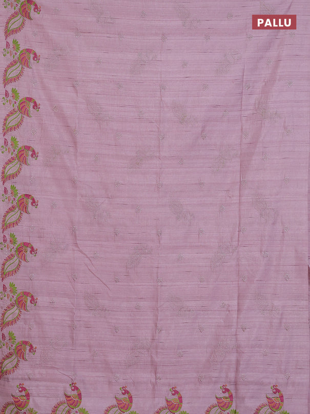 Semi raw silk saree pastel pink with embroidery work buttas and peacock embroidery border