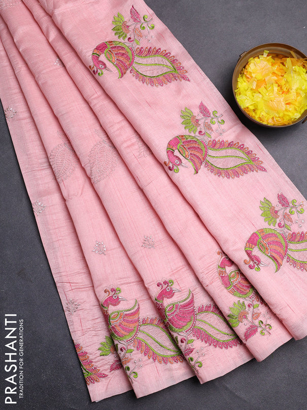 Semi raw silk saree mild peach with embroidery work buttas and peacock embroidery border