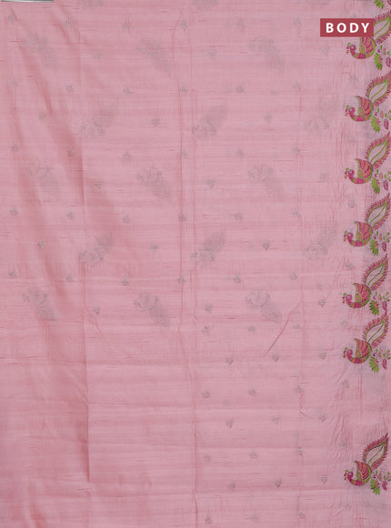 Semi raw silk saree mild peach with embroidery work buttas and peacock embroidery border