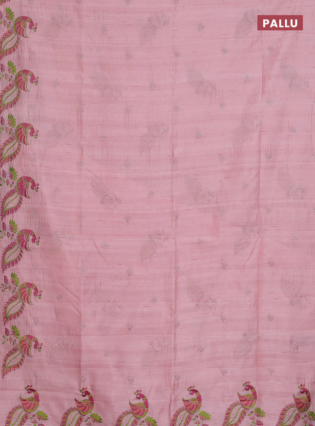 Semi raw silk saree mild peach with embroidery work buttas and peacock embroidery border