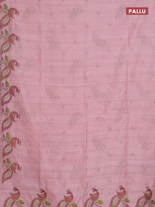 Semi raw silk saree mild peach with embroidery work buttas and peacock embroidery border