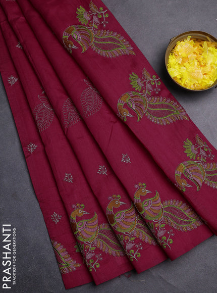 Semi raw silk saree dark pink with embroidery work buttas and peacock embroidery border