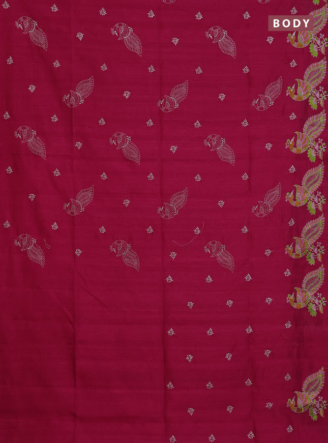Semi raw silk saree dark pink with embroidery work buttas and peacock embroidery border