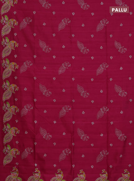 Semi raw silk saree dark pink with embroidery work buttas and peacock embroidery border