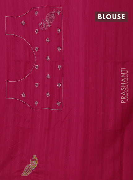 Semi raw silk saree dark pink with embroidery work buttas and peacock embroidery border