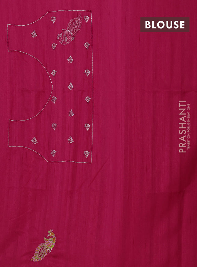 Semi raw silk saree dark pink with embroidery work buttas and peacock embroidery border