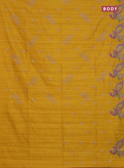 Semi raw silk saree mango yellow with embroidery work buttas and peacock embroidery border