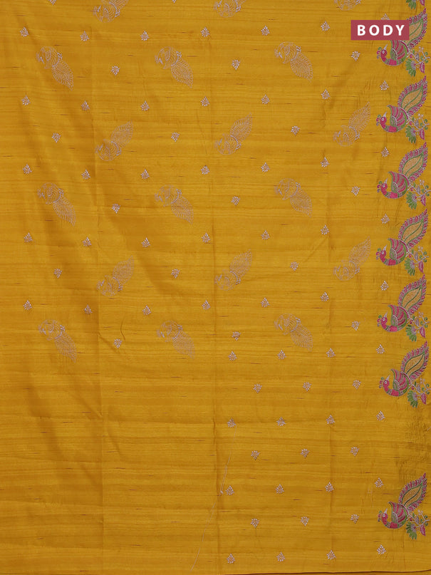 Semi raw silk saree mango yellow with embroidery work buttas and peacock embroidery border