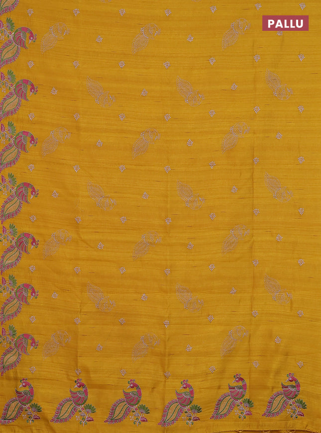 Semi raw silk saree mango yellow with embroidery work buttas and peacock embroidery border