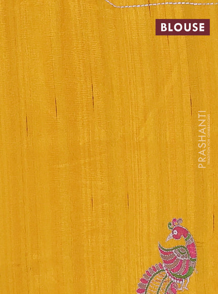 Semi raw silk saree mango yellow with embroidery work buttas and peacock embroidery border