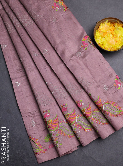 Semi raw silk saree rosy brown shade with embroidery work buttas and peacock embroidery border