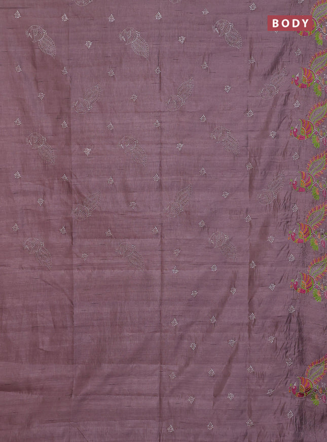 Semi raw silk saree rosy brown shade with embroidery work buttas and peacock embroidery border